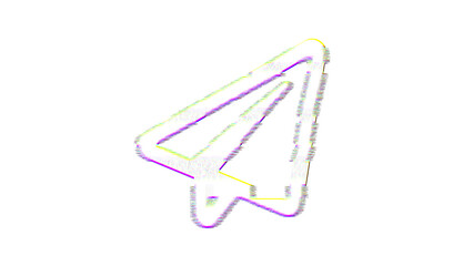 Icon paper plane is distorted. Glitch. Noise, chromatic aberration, geometric distortion