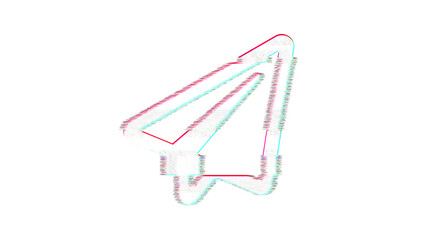 Icon paper plane is distorted. Glitch. Noise, chromatic aberration, geometric distortion