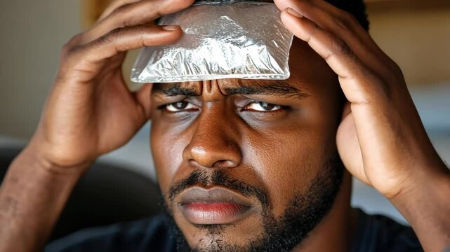 African adult man applying cold pack to forehead for pain relief at home