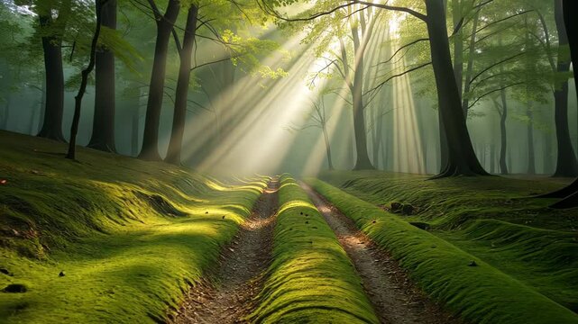  Forest Trail with Sunbeams Piercing Through Foggy Atmosphere