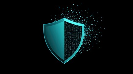 A stylized shield icon with binary code flowing around it, visually conveying the digital nature of cybersecurity protection and data integrity in the virtual world.