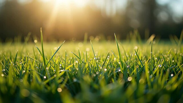  Dewy Grass in Morning Light with Sun Flare on Horizon