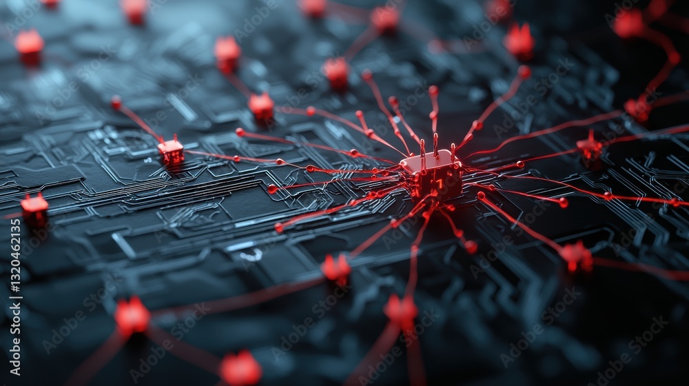 Poster a complex network diagram displayed on a threat detection dashboard, visually representing network t