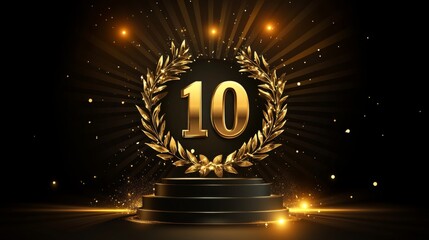 Celebratory 10th anniversary golden laurel wreath with glowing background for milestone achievements