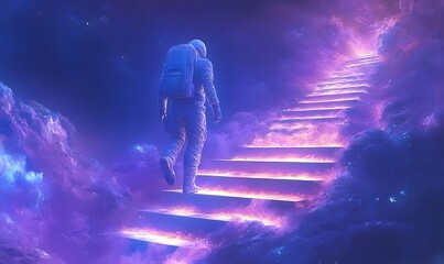 an astronaut walking up a staircase leading to the sky.