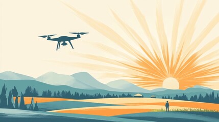 Drone surveying sunrise countryside.