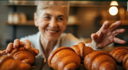 Happy elderly woman reaching for freshly baked croissants in a bakery