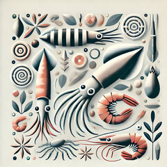 A flat art of squid and shrimp, artistically arranged on a white background with minimalist details, showcasing their unique textures and forms.