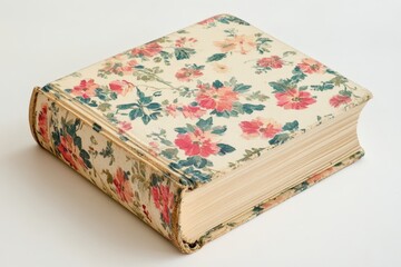 A closed book with a decorative floral pattern covering its covers