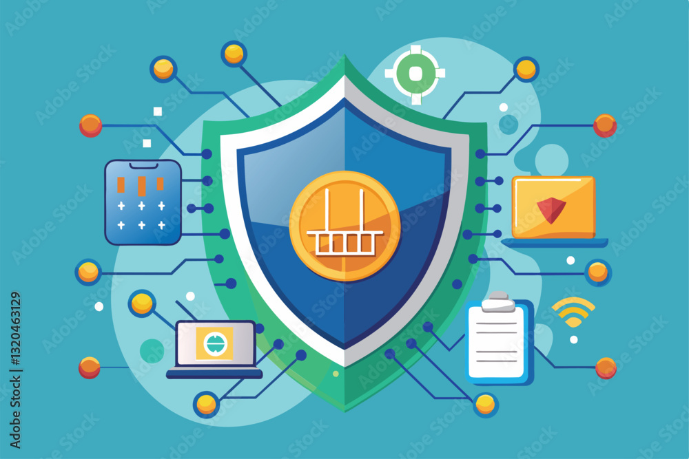 Aufkleber a digital shield surrounded by devices and icons showcasing various software security concepts and t