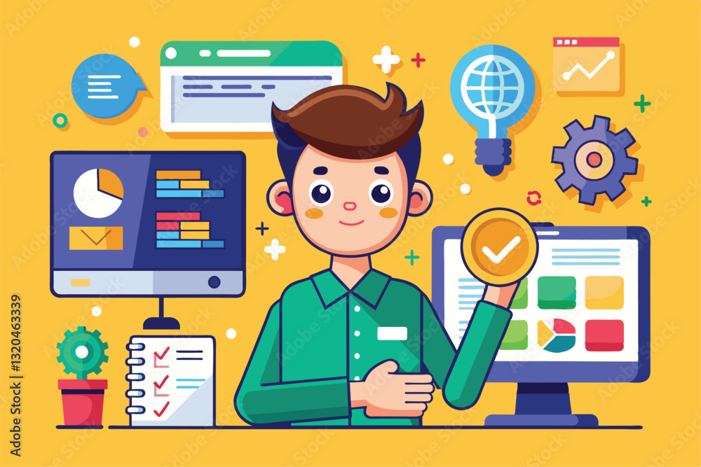Poster a cartoon character representing a software tester sits at a desk surrounded by computers and charts