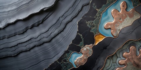 Stunning abstract background with layers of rock, marble, and decorative metal inlay