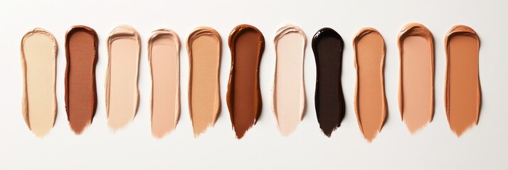 Exploring a variety of foundation swatches on diverse skin tones arranged on a white background
