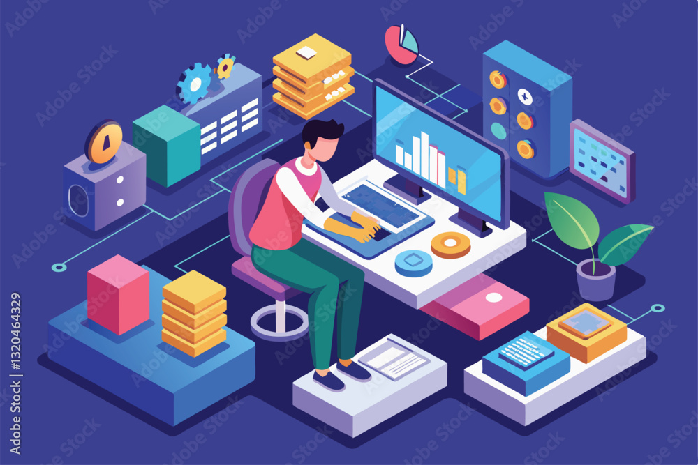Poster a software tester analyzes performance metrics using tools and charts while seated at a modern desk 