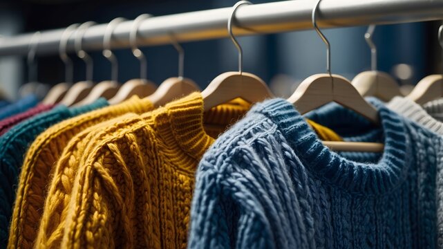 An image of a stylish retail clothing store with vibrant knitted sweaters hanging on a white hanger. The sweaters have a thick, cozy texture with a ribbed turtleneck design.