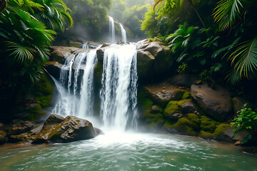 Dreamy quality stock-image of a cascading waterfall in a lush tropical jungle, surrounded by vibrant greenery and exotic plants, with soft mist rising from the water, creating a serene and magical 