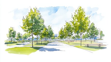 Serene urban park watercolor landscape design