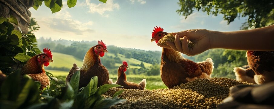 Chickens are being fed grain by a person outdoors in nature