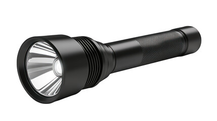 A powerful LED flashlight with a sleek design on a transparent background