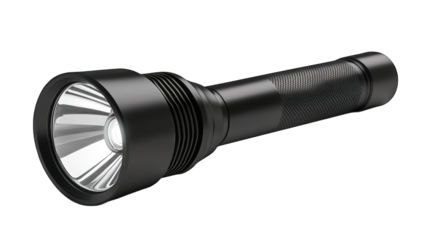 A powerful LED flashlight with a sleek design on a transparent background