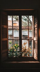 Wooden Window Reveals Plants Growing With Sunlight From Outside
