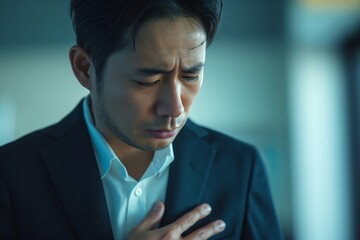 A distressed Asian man in a suit, reflecting deep concern with a serious expression, conveying a sense of vulnerability.