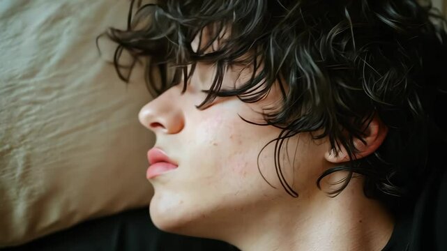 Sleeping young caucasian man with curly hair in natural light National Hangover Day