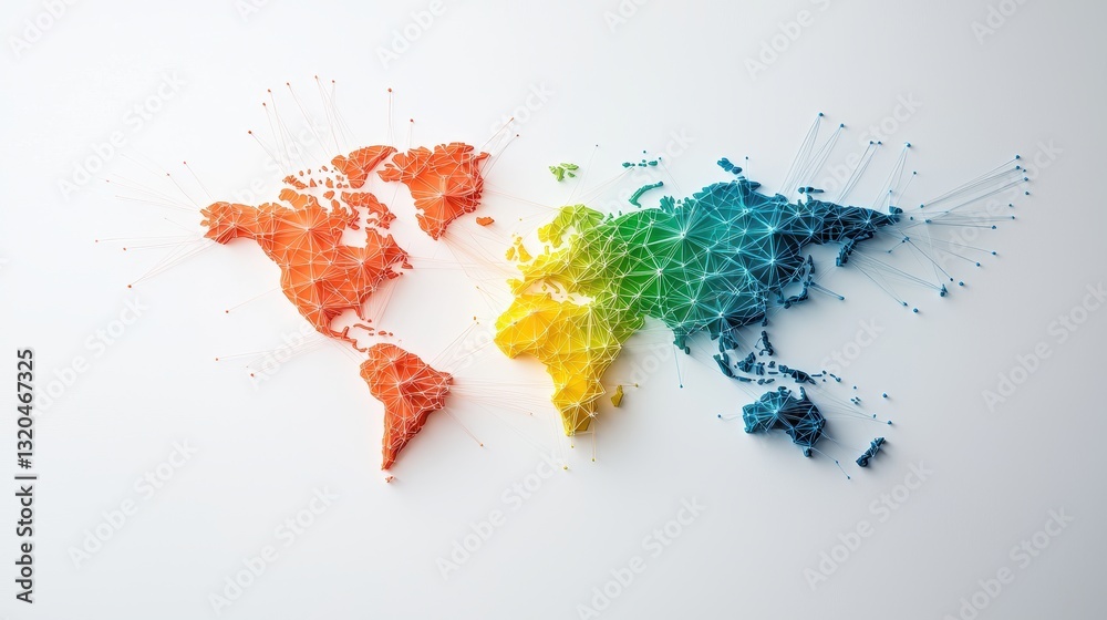 Poster a stylized world map with intricate network lines and nodes, visualizing the interconnectedness of t