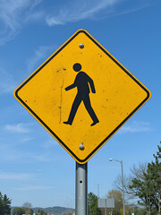 Yellow Diamond Shaped Road Sign Indicating Pedestrian Crossing
