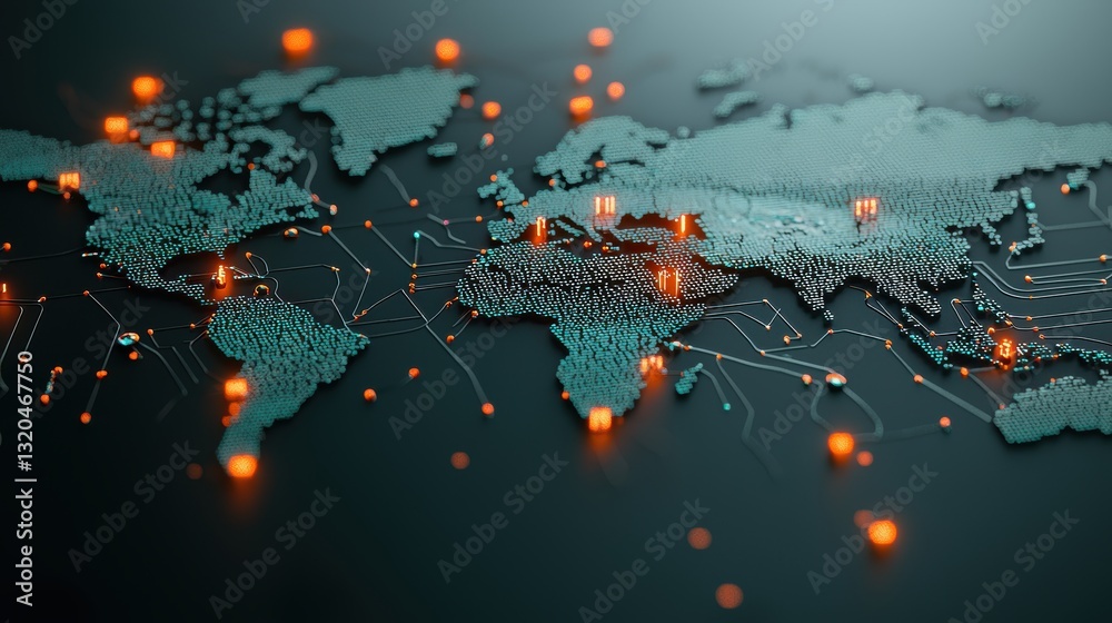 Poster a world map with continents represented as interconnected digital circuits and data nodes, with glow