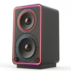 Obraz premium A sleek black audio speaker featuring dual woofers and colorful LED accents, perfect for modern music lovers.