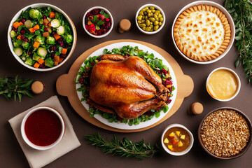 a beautifully arranged turkey and traditional side dishes on the table for