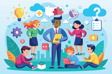 Fototapeta premium A group of professionals actively discussing solutions and strategies to resolve conflicts and improve teamwork, Solving problems and disagreements, Cartoon flat vector collection