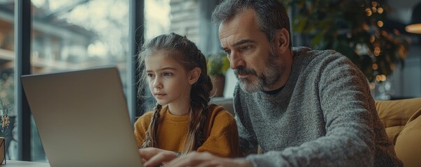 A father supports his daughter during a virtual class at home, creating a heartwarming scene of modern family life The digital age meets the personal touch as he guides her through lessons on a