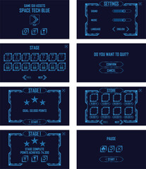 Complete user interface kit designed for a space-themed mobile game. It includes various screens and elements necessary for a functional game, such as a main menu, settings, stage selection, in-game s