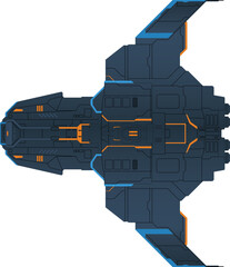 A detailed vector illustration of a futuristic spaceship presented in a top-down perspective includes intricate geometric patterns and panel lines, showcasing a technologically advanced spacecraft