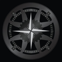 A detailed vector illustration of a mechanical compass, featuring a gear or cogwheel design with a central four-pointed star indicating the cardinal directions with metallic texture