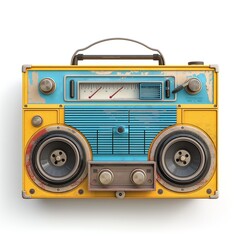 Fototapeta premium Vintage boombox with a retro color scheme of blue and yellow, showcasing nostalgic charm.