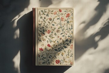 A closed book resting with a floral patterned cover design