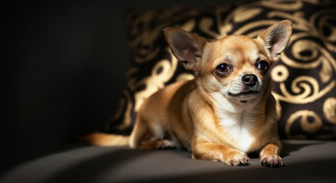 Adorable Chihuahua resting on a decorative pillow with elegant patterns