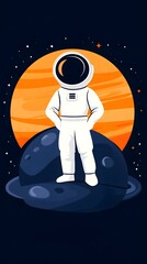 Naklejka premium A man in a white spacesuit stands on a rock in front of a yellow sun