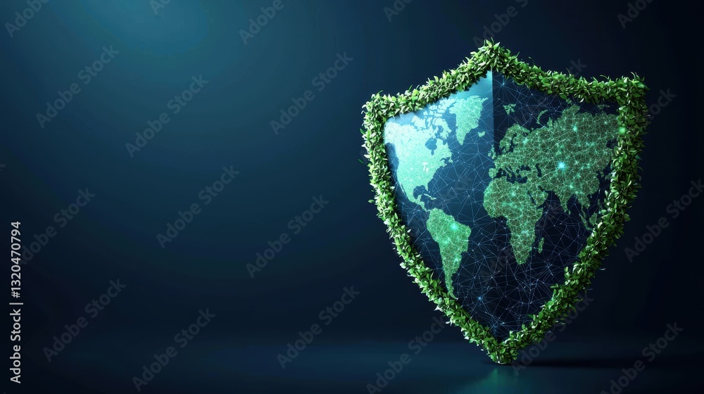 Poster a transparent shield icon with a digital world map and network nodes visible in the background, repr