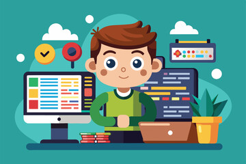 A boy sits at a desk coding with multiple screens displaying colorful source code and a plant nearby, Source code Customizable Cartoon Illustration