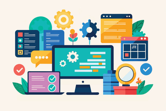 A vibrant design showcasing customizable source code with gears and technology elements on screens, Source code Customizable Flat Illustration