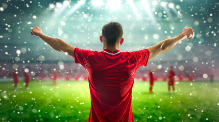 Rugby player standing with their back to the camera, arms raised in celebration.