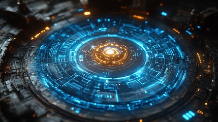 Obraz premium Futuristic Technology Interface Abstract Circular HUD with Glowing Blue and Orange Circuits