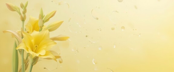 Yellow Lilies & Water Droplets Background - Pastel colors