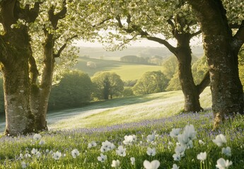 Fototapeta premium Peaceful Spring Landscape with Blooming Flowers and Lush Green Trees in a Sunlit Meadow, Capturing Nature's Beauty and Tranquility