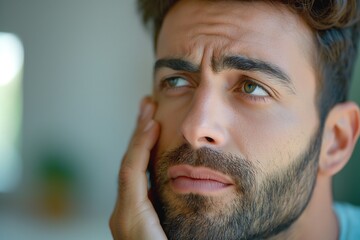 Obraz premium A pensive young Caucasian man with a beard, deep in thought, showcasing a thoughtful expression and striking green eyes.