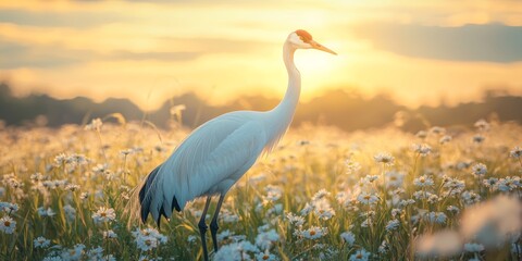 Fototapeta premium Whooping crane enjoying sunset in blooming meadow during spring migration